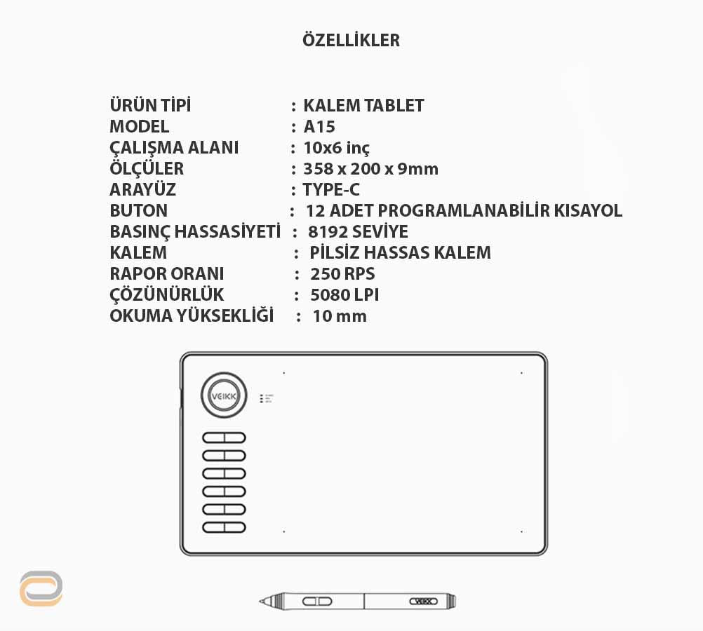 Veikk A15 8192 Levels Zoom Uyumlu 5080LPI Grafik Tablet+Kalem