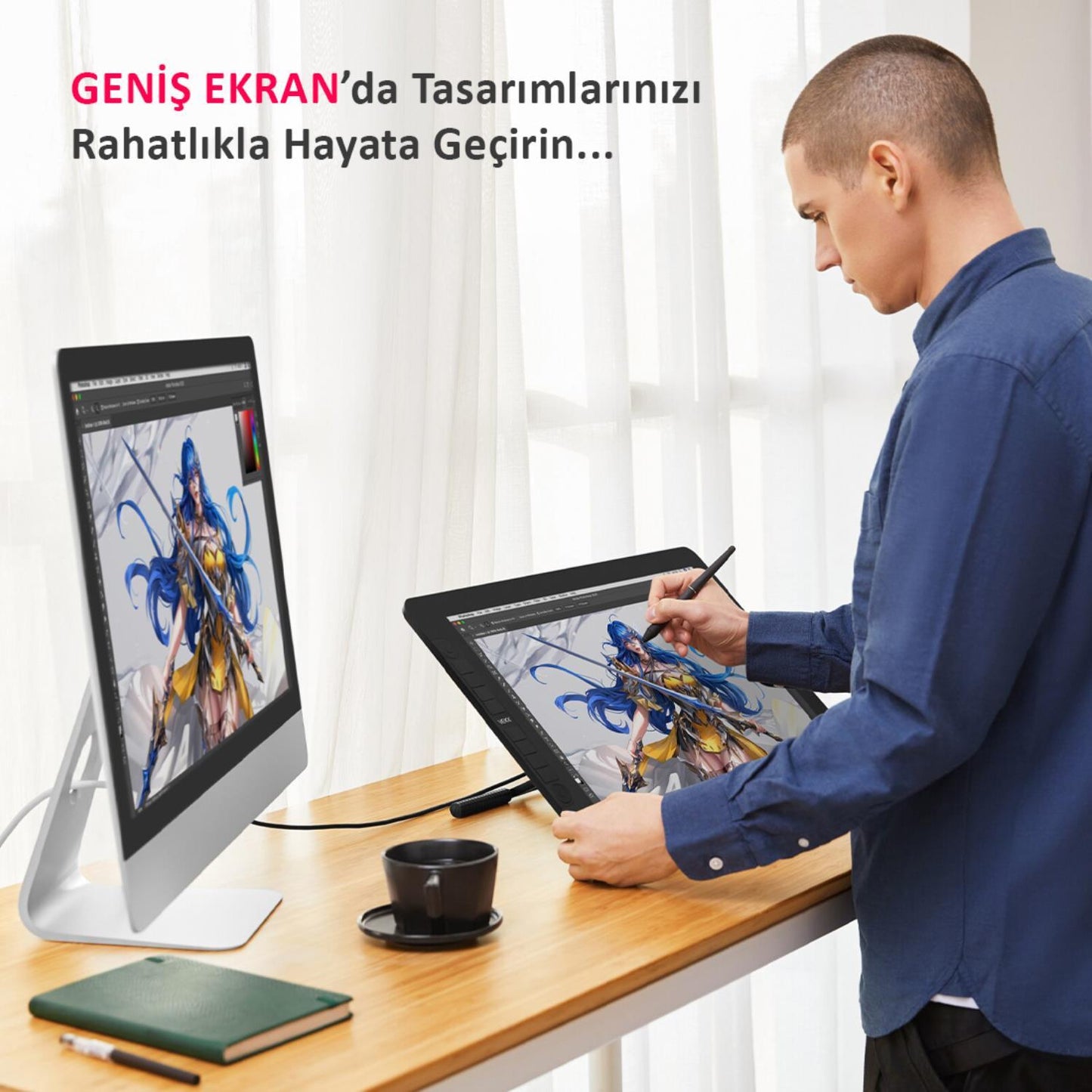 Veikk VK2200Pro 21.5" IPS FullHD Tam Lamine Ekran, 8 Kısayol,2 Scroll Tuşlu Sağ/Sol El Grafik Tablet