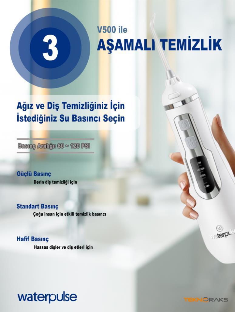 WaterPulse WP-V500-W Water Flosser Taşınabilir, Şarjlı, Masajlı, Diş Protez Bakım ve Ağız Duşu