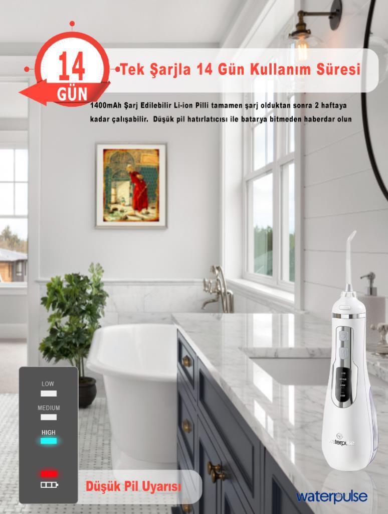 WaterPulse WP-V500-W Water Flosser Taşınabilir, Şarjlı, Masajlı, Diş Protez Bakım ve Ağız Duşu