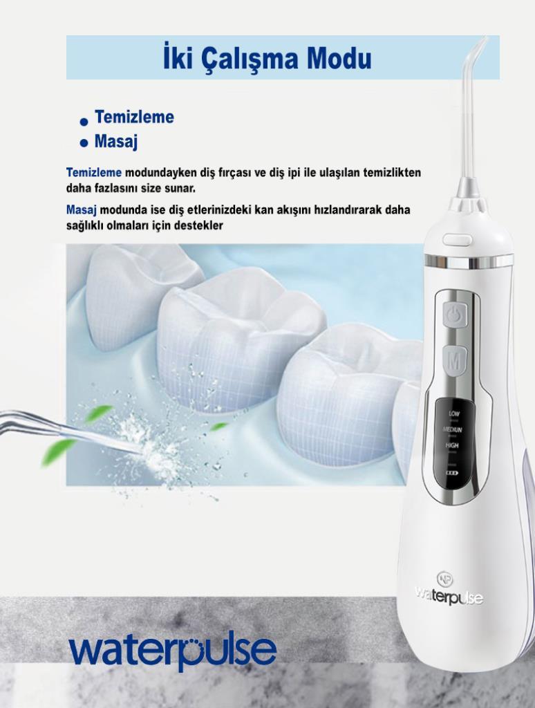 WaterPulse WP-V500-W Water Flosser Taşınabilir, Şarjlı, Masajlı, Diş Protez Bakım ve Ağız Duşu