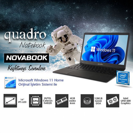 QUADRO NovaBook GN15-140P-CJ N4020 4GB 128GB SSD O/B Intel UHD 14" W11H Siyah Notebook